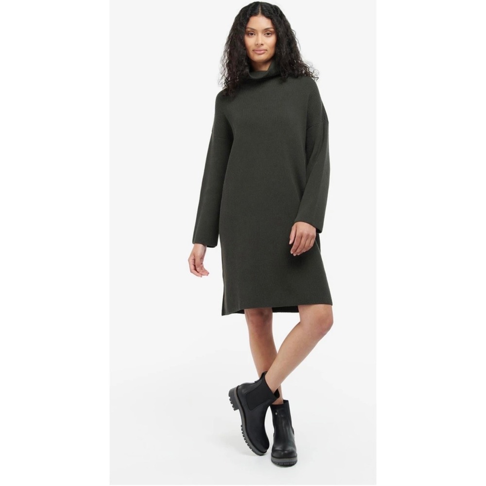 Barbour Rib Stitch Knitted Midi Dress Olive Green Turtleneck Cotton Womens 6 NWT